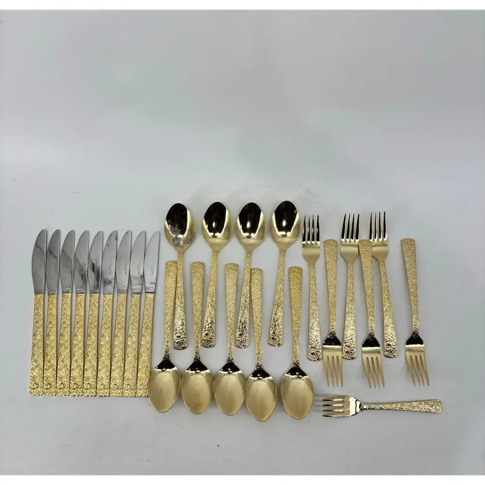 Vtg Hollywood Regency Dinner Spoons Fork Gold Stainless Steel 25 Pieces Japan